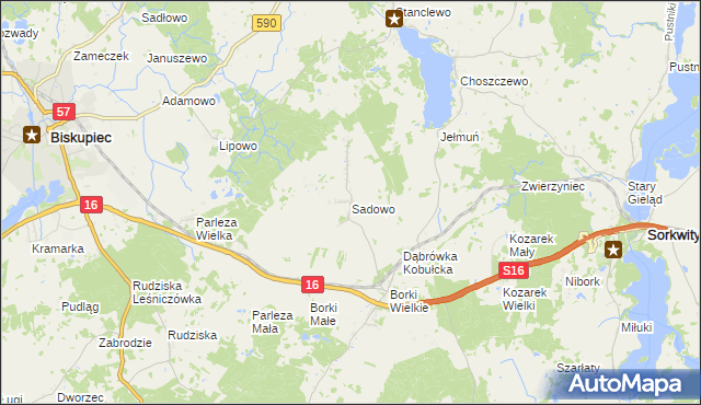 mapa Sadowo gmina Biskupiec, Sadowo gmina Biskupiec na mapie Targeo