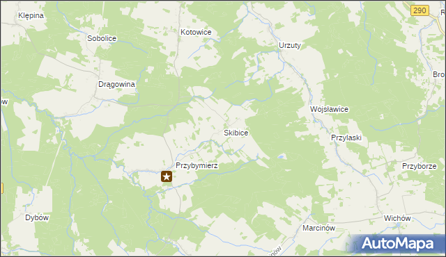 mapa Skibice gmina Nowogród Bobrzański, Skibice gmina Nowogród Bobrzański na mapie Targeo