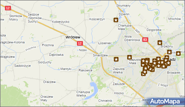 mapa Smardzew gmina Wróblew, Smardzew gmina Wróblew na mapie Targeo