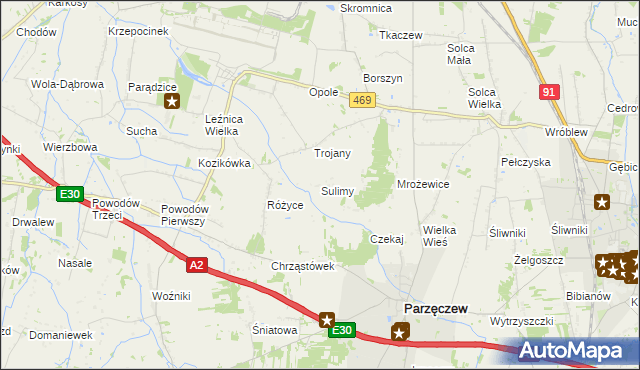 mapa Sulimy gmina Parzęczew, Sulimy gmina Parzęczew na mapie Targeo