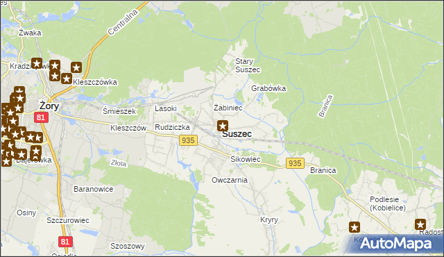 mapa Suszec powiat pszczyński, Suszec powiat pszczyński na mapie Targeo