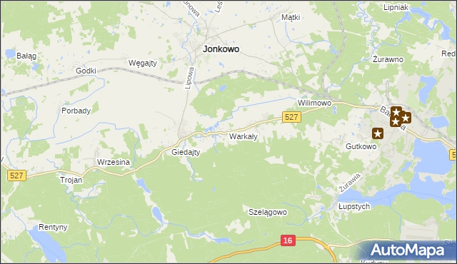 mapa Warkały gmina Jonkowo, Warkały gmina Jonkowo na mapie Targeo