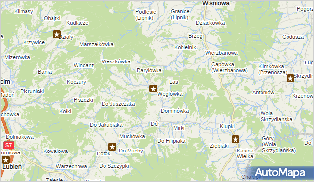 mapa Węglówka gmina Wiśniowa, Węglówka gmina Wiśniowa na mapie Targeo