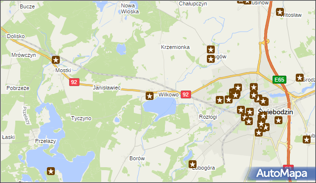 mapa Wilkowo gmina Świebodzin, Wilkowo gmina Świebodzin na mapie Targeo
