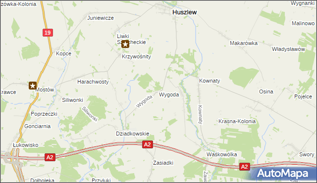 mapa Wygoda gmina Huszlew, Wygoda gmina Huszlew na mapie Targeo