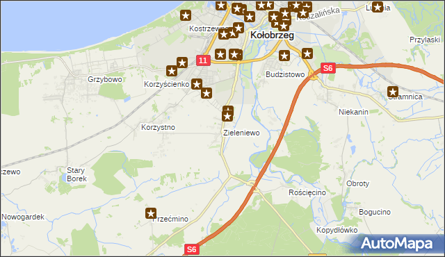 mapa Zieleniewo gmina Kołobrzeg, Zieleniewo gmina Kołobrzeg na mapie Targeo