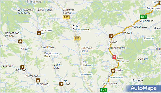 mapa Zubrzyca Dolna, Zubrzyca Dolna na mapie Targeo