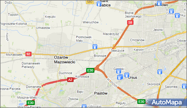 mapa Bronisze gmina Ożarów Mazowiecki, Bronisze gmina Ożarów Mazowiecki na mapie Targeo