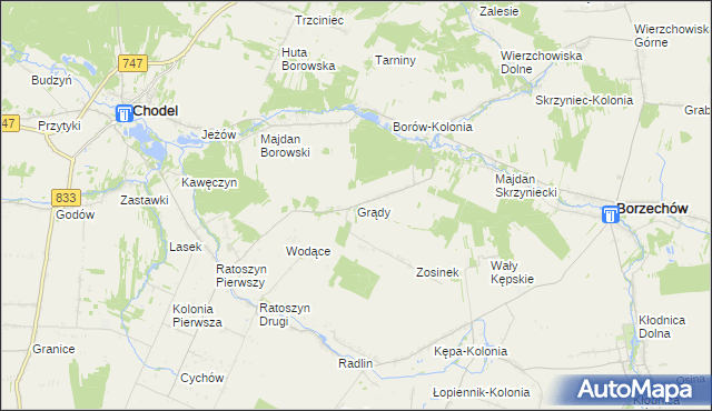 mapa Grądy gmina Chodel, Grądy gmina Chodel na mapie Targeo