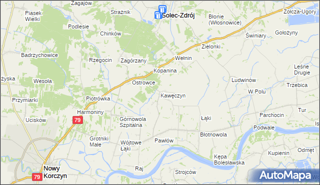 mapa Kawęczyn gmina Nowy Korczyn, Kawęczyn gmina Nowy Korczyn na mapie Targeo