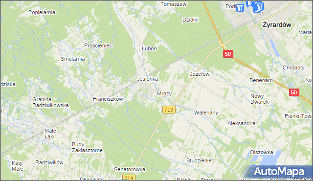 mapa Mrozy gmina Puszcza Mariańska, Mrozy gmina Puszcza Mariańska na mapie Targeo