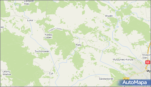 mapa Pełty gmina Myszyniec, Pełty gmina Myszyniec na mapie Targeo