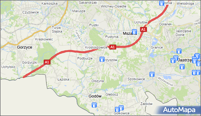 mapa Skrzyszów gmina Godów, Skrzyszów gmina Godów na mapie Targeo