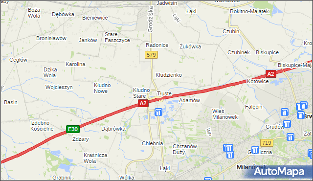 mapa Tłuste gmina Grodzisk Mazowiecki, Tłuste gmina Grodzisk Mazowiecki na mapie Targeo