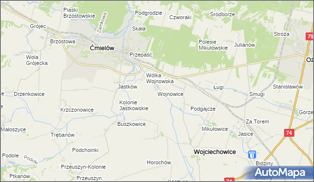 mapa Wojnowice gmina Ćmielów, Wojnowice gmina Ćmielów na mapie Targeo