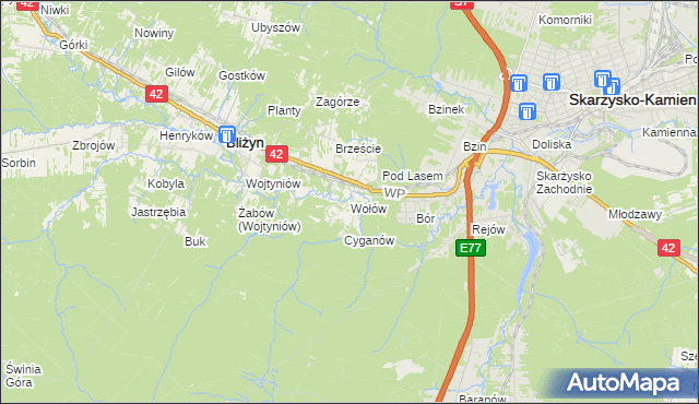 mapa Wołów gmina Bliżyn, Wołów gmina Bliżyn na mapie Targeo