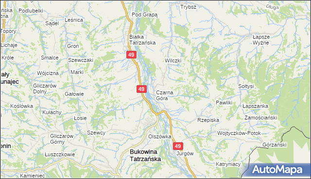 mapa Czarna Góra gmina Bukowina Tatrzańska, Czarna Góra gmina Bukowina Tatrzańska na mapie Targeo