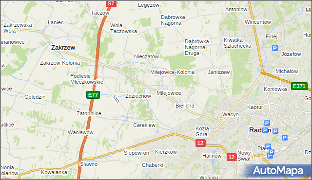 mapa Milejowice gmina Zakrzew, Milejowice gmina Zakrzew na mapie Targeo