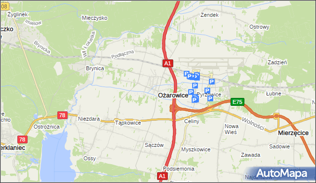 mapa Ożarowice, Ożarowice na mapie Targeo