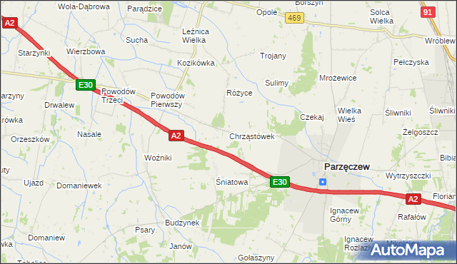 mapa Chrząstówek gmina Parzęczew, Chrząstówek gmina Parzęczew na mapie Targeo