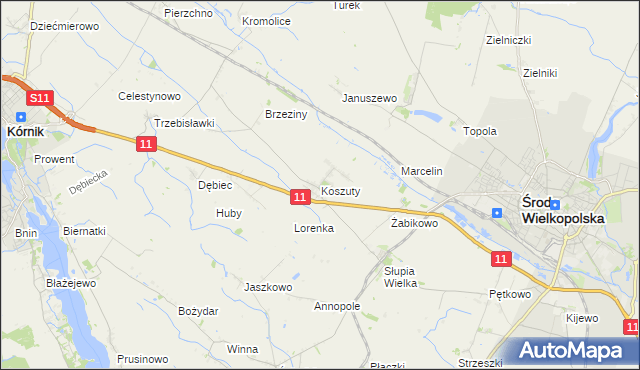 mapa Koszuty gmina Środa Wielkopolska, Koszuty gmina Środa Wielkopolska na mapie Targeo