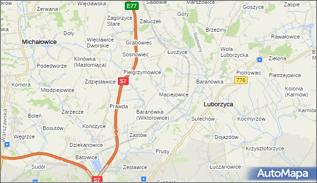 mapa Maciejowice gmina Kocmyrzów-Luborzyca, Maciejowice gmina Kocmyrzów-Luborzyca na mapie Targeo