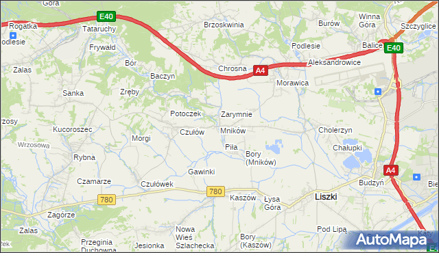 mapa Mników gmina Liszki, Mników gmina Liszki na mapie Targeo