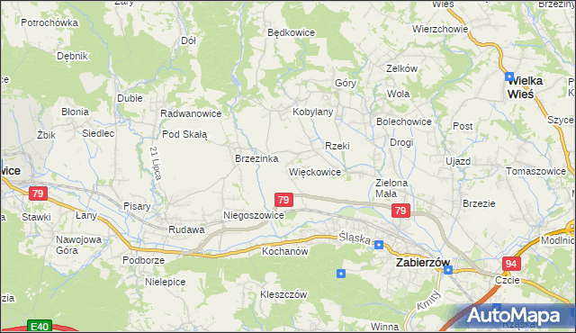 mapa Więckowice gmina Zabierzów, Więckowice gmina Zabierzów na mapie Targeo