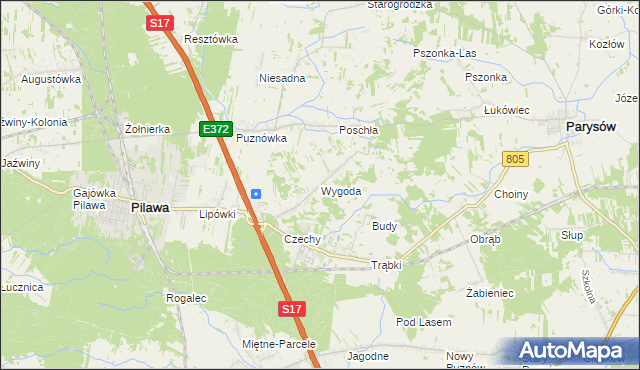 mapa Wygoda gmina Pilawa, Wygoda gmina Pilawa na mapie Targeo