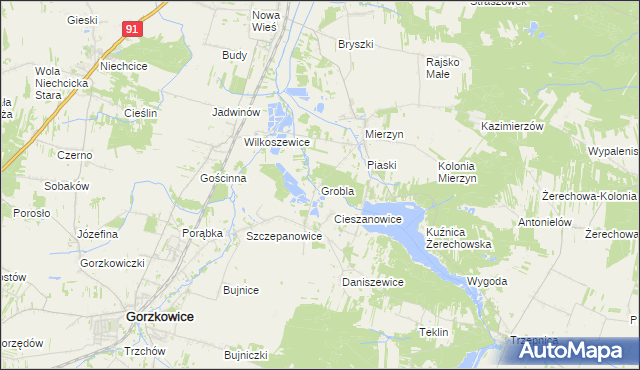 mapa Grobla gmina Rozprza, Grobla gmina Rozprza na mapie Targeo