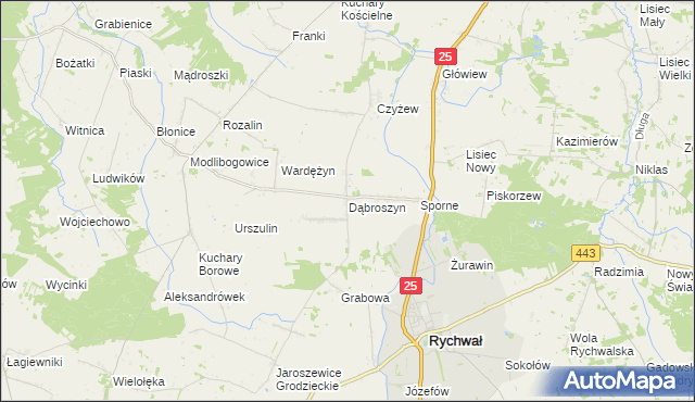 mapa Dąbroszyn gmina Rychwał, Dąbroszyn gmina Rychwał na mapie Targeo