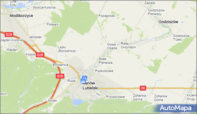 mapa Biała Pierwsza gmina Janów Lubelski, Biała Pierwsza gmina Janów Lubelski na mapie Targeo