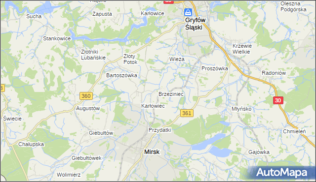 mapa Brzeziniec gmina Mirsk, Brzeziniec gmina Mirsk na mapie Targeo