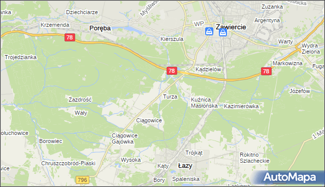mapa Turza gmina Łazy, Turza gmina Łazy na mapie Targeo