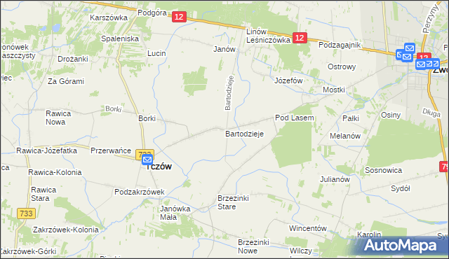 mapa Bartodzieje gmina Tczów, Bartodzieje gmina Tczów na mapie Targeo