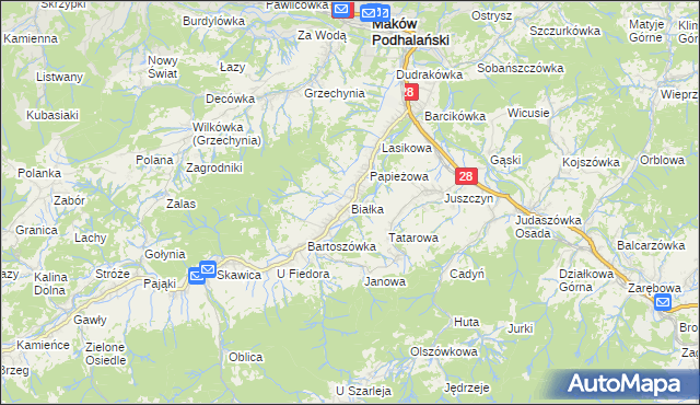 mapa Białka gmina Maków Podhalański, Białka gmina Maków Podhalański na mapie Targeo