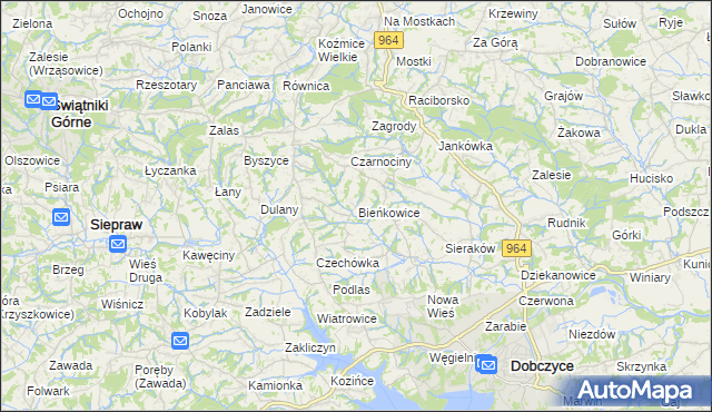 mapa Bieńkowice gmina Dobczyce, Bieńkowice gmina Dobczyce na mapie Targeo