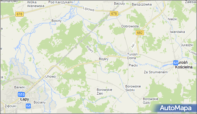 mapa Bojary gmina Turośń Kościelna, Bojary gmina Turośń Kościelna na mapie Targeo