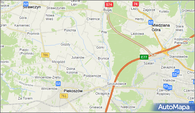 mapa Brynica gmina Piekoszów, Brynica gmina Piekoszów na mapie Targeo