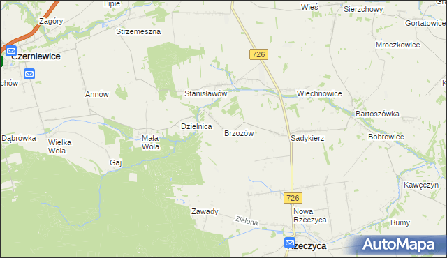 mapa Brzozów gmina Rzeczyca, Brzozów gmina Rzeczyca na mapie Targeo