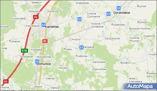 mapa Chrzanowice gmina Gomunice, Chrzanowice gmina Gomunice na mapie Targeo
