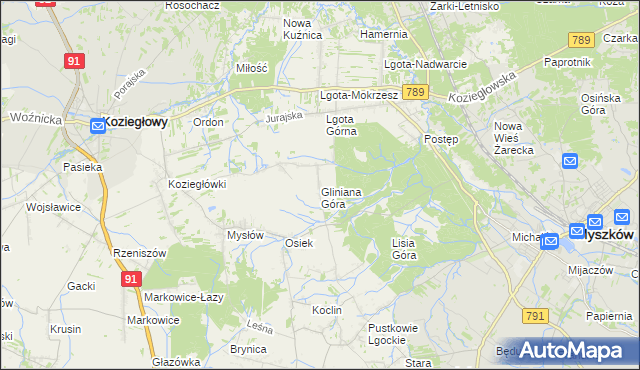 mapa Gliniana Góra gmina Koziegłowy, Gliniana Góra gmina Koziegłowy na mapie Targeo