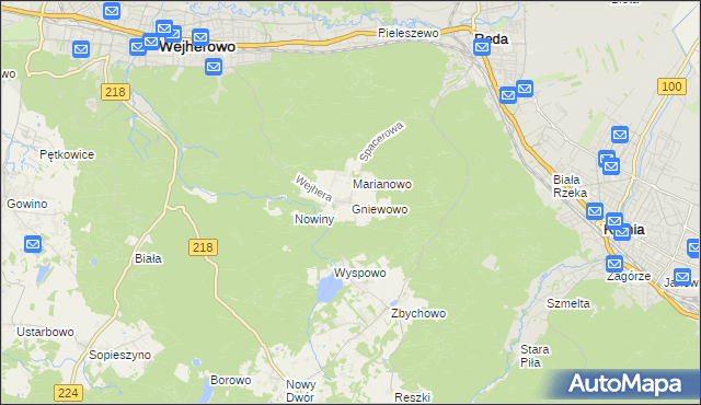 mapa Gniewowo gmina Wejherowo, Gniewowo gmina Wejherowo na mapie Targeo