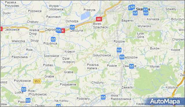 mapa Gołuchowice gmina Skawina, Gołuchowice gmina Skawina na mapie Targeo