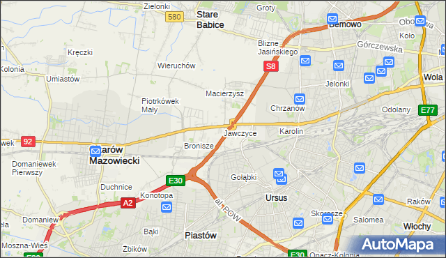 mapa Jawczyce gmina Ożarów Mazowiecki, Jawczyce gmina Ożarów Mazowiecki na mapie Targeo