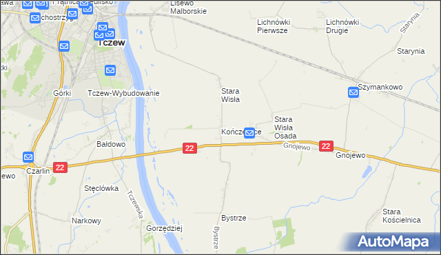 mapa Kończewice gmina Miłoradz, Kończewice gmina Miłoradz na mapie Targeo