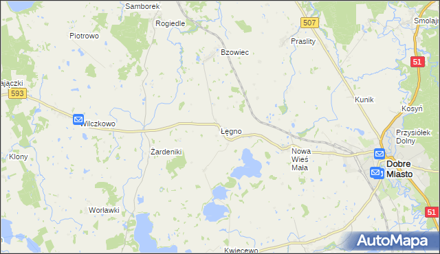 mapa Łęgno gmina Dobre Miasto, Łęgno gmina Dobre Miasto na mapie Targeo