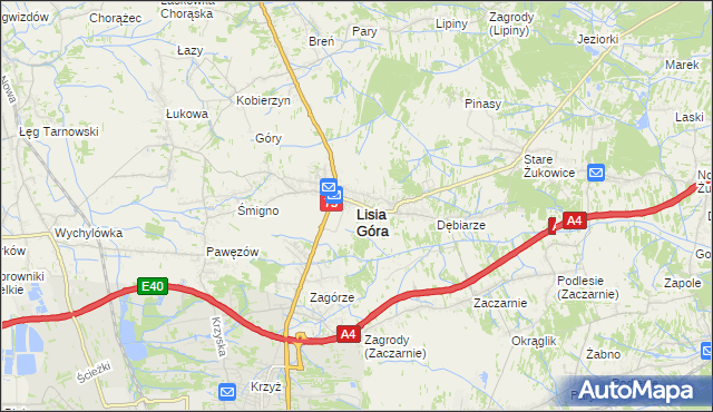 mapa Lisia Góra powiat tarnowski, Lisia Góra powiat tarnowski na mapie Targeo