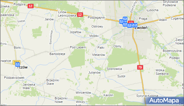 mapa Melanów gmina Zwoleń, Melanów gmina Zwoleń na mapie Targeo