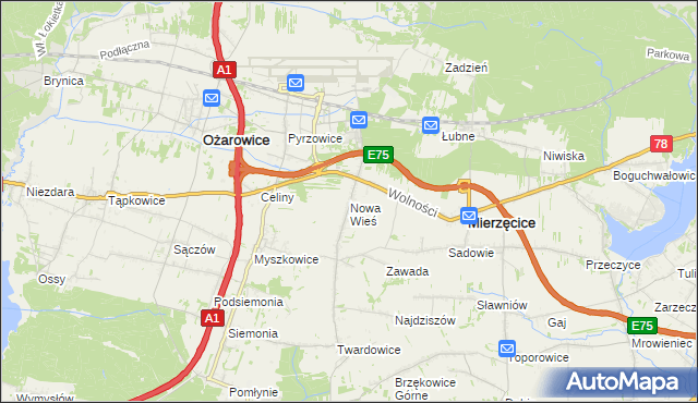 mapa Nowa Wieś gmina Mierzęcice, Nowa Wieś gmina Mierzęcice na mapie Targeo